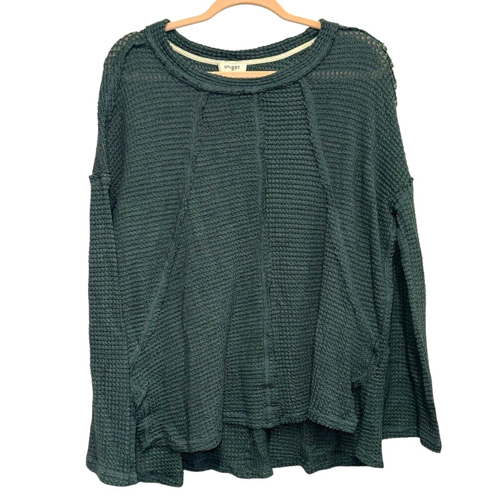Umgee Waffle Knit Tunic Top Green Oversized Boho Thermal‎ Sweater M